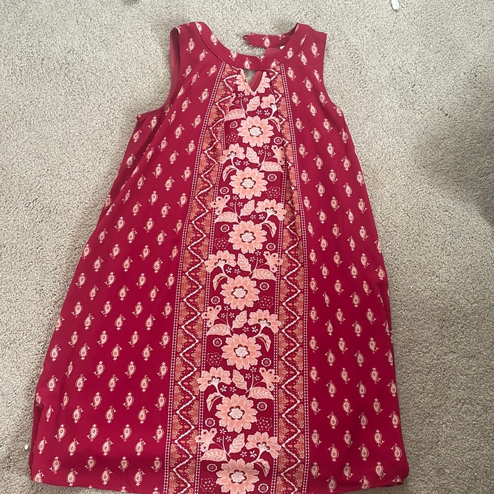 Red/Coral/Floral dress with a tank top neckline